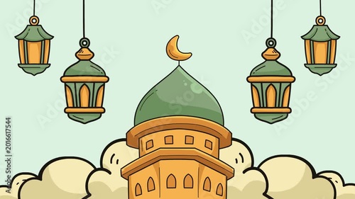 Ramadan Kareem Mosque Illustration with Hanging Lanterns and Clouds