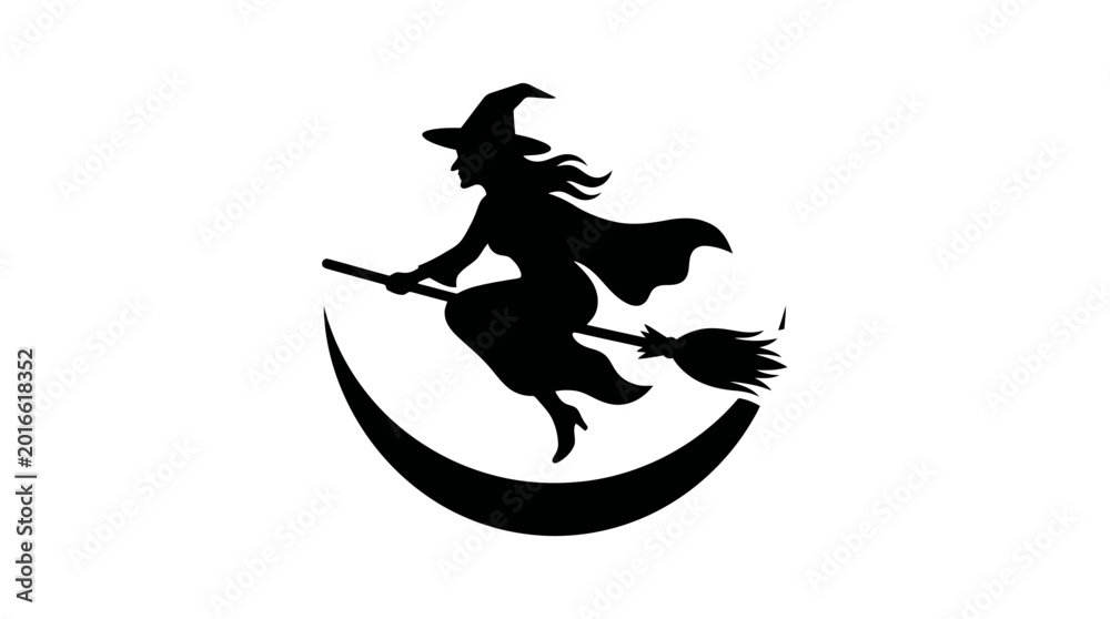 Obraz premium Halloween Witch Flying Broomstick Moon Silhouette Illustration