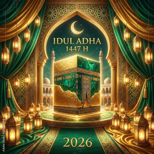 Eid al-Adha 1447 AH 2026 Celebration A Majestic Islamic Holiday Scene Featuring the Kaaba and Festive Lanterns
