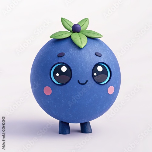 Smiling blueberry cartoon character with green leaves on top and cute expression