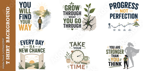 Photos Self improvement quotes and inspirational life lessons with scenic vector illustrations set