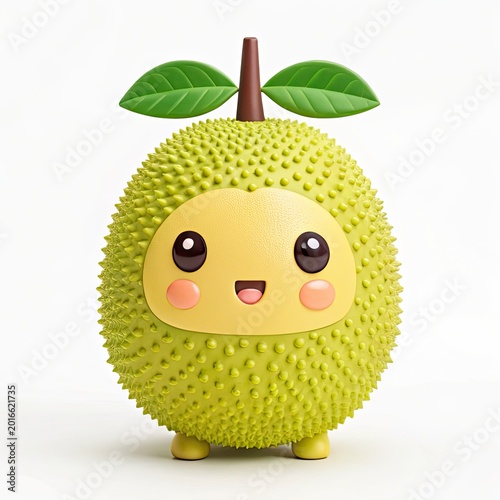Cartoon durian fruit with a smiling face and leaves on top