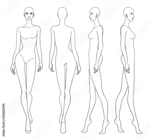 Fashion outline sketch croquis figurines walking front side back view with bald woman in white background.