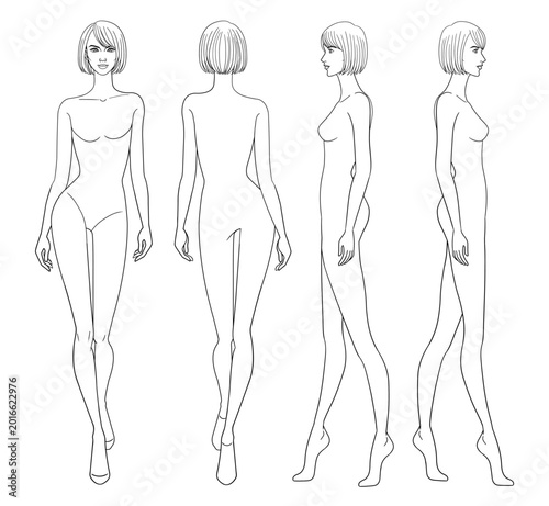 Fashion outline sketch croquis figurines walking front side back view with bob hair woman in white background.