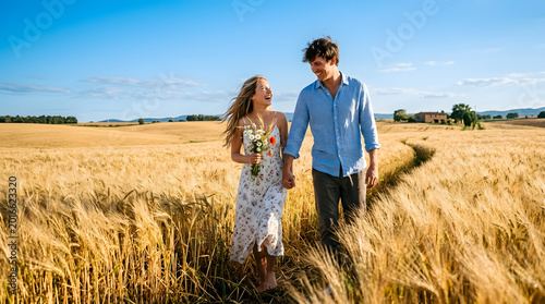 A young couple walks hand in hand through a golden wheat field on a sunny day