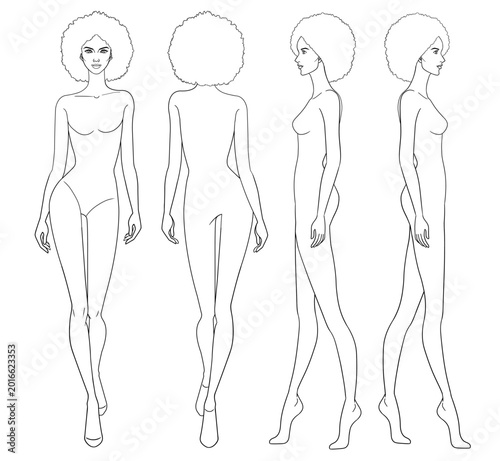 Fashion outline sketch croquis figurines walking front side back view with afro hair woman in white background.