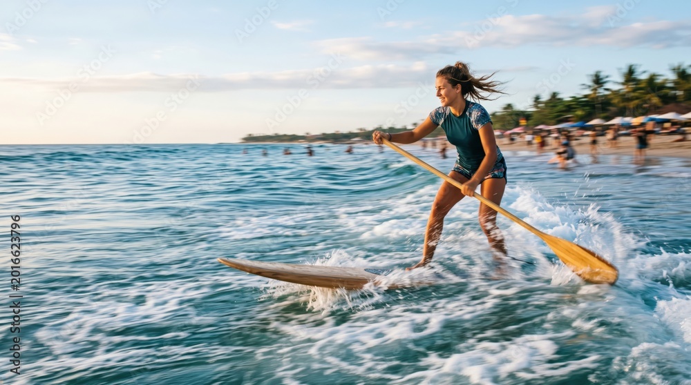 Fototapeta premium Young athletic woman stand up paddleboarding on ocean waves at sunset beach