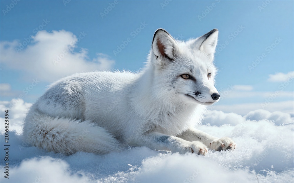 Fototapeta premium White fox rests serene in snowy landscape under bright blue sky.