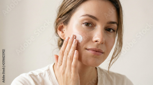 Woman applying face cream in skincare routine