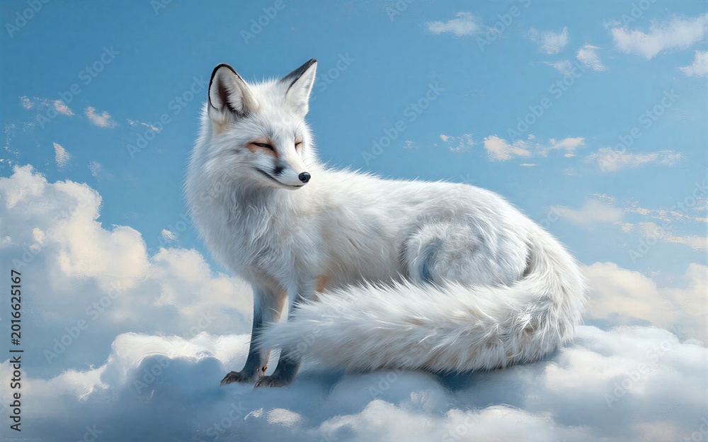 Naklejka premium White fox stands atop fluffy clouds against a bright blue sky with
