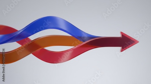 Abstract concept of three colorful arrows merging and moving forward together with direction