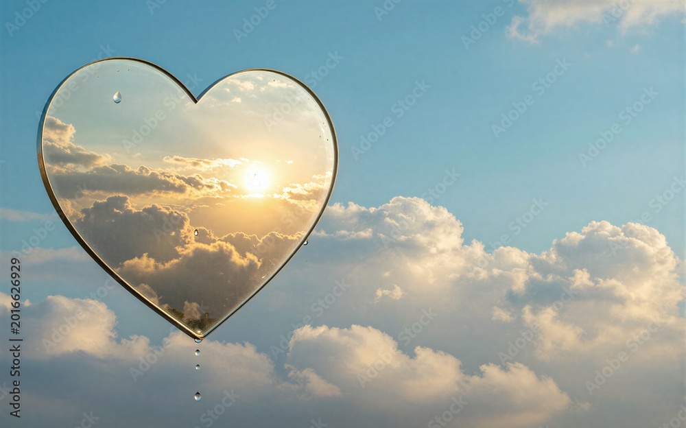 Fototapeta premium Heart-shaped mirror reflects sunset clouds droplets fall against blue