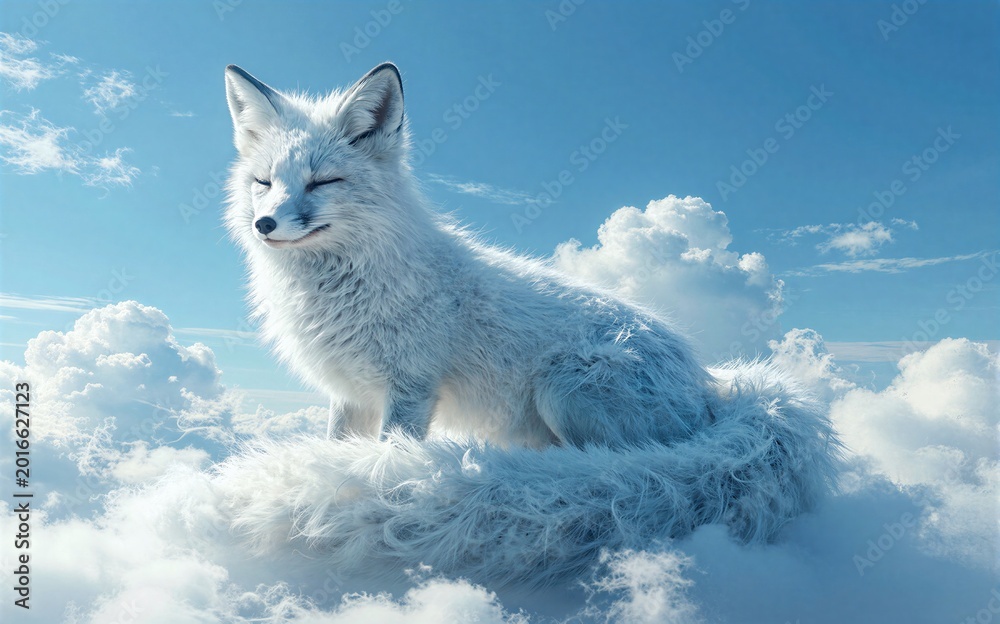Fototapeta premium White fox perches peacefully atop fluffy clouds under a bright blue