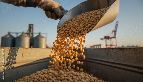 Vászonkép A gloved hand uses a scoop to pour freshly harvested soybeans into a container, with large grain silos and a port crane in the background