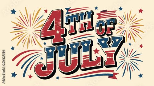Vintage fourth of july typographic poster with colorful fireworks and patriotic stars and stripes.