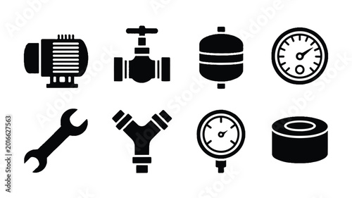 A set of eight black and white plumbing icons including a pump valve tank gauge wrench and pipe fittings