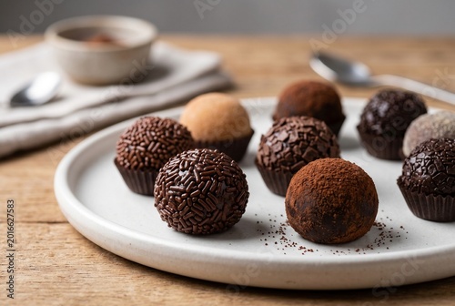 Assorted Gourmet Chocolate Truffles and Brazilian Brigadeiros on a White Plate over a Rustic Wooden Table