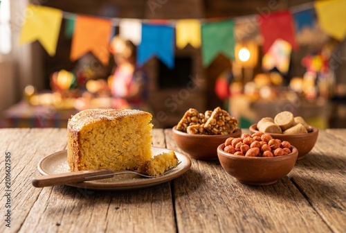 Traditional Brazilian Festa Junina Food with Corn Cake and Peanuts on a Rustic Table