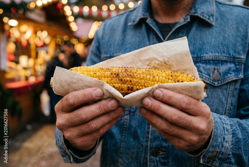 Close-up of a man in a denim jacket holding a freshly grilled corn on the cob at a festive outdoor market