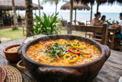 Traditional Brazilian Moqueca Seafood Stew Served in a Clay Pot at a Tropical Beach Restaurant