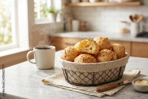 Freshly Baked Brazilian Cheese Bread Pão de Queijo in a Basket with Steaming Coffee