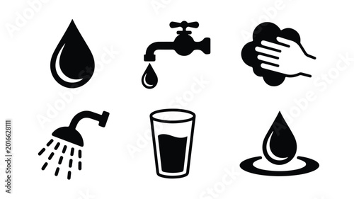 A set of minimalist household water icons including a drop, faucet, hand washing, shower, glass, and a puddle.