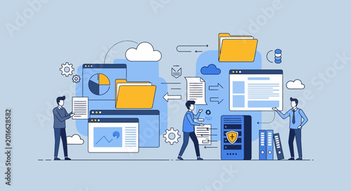 Office workers implement office digitization system with cloud document archive
