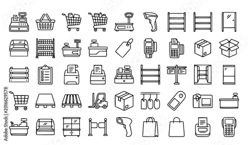 Obraz na płótnie Retail store supplies line 30 icon set with cash register cart scales and editab