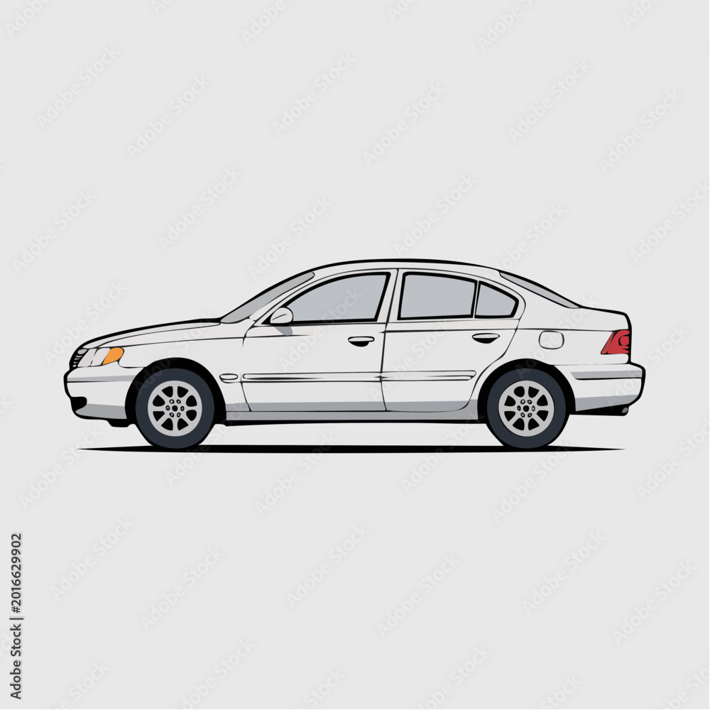Fototapeta premium Silver four door sedan car side view illustration on clean white background