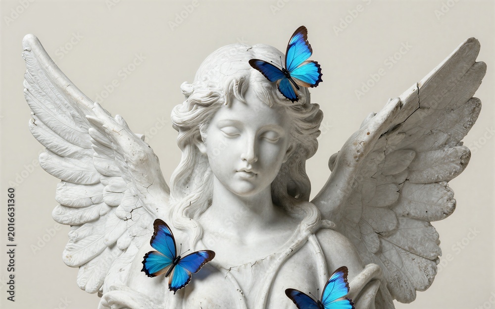 Fototapeta premium White angel statue with vibrant blue butterflies resting on its wings
