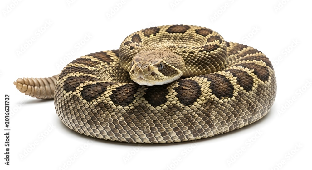 Obraz premium Isolated Wildlife Venomous Rattlesnake Coiled And Ready On White Background Studio