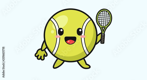 Happy Tennis Ball Character with Racquet, Kawaii Sports Illustration