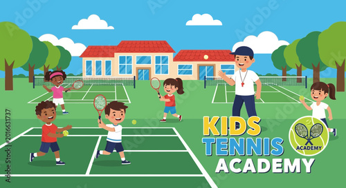 Kids Tennis Academy, Children Playing Tennis on Court