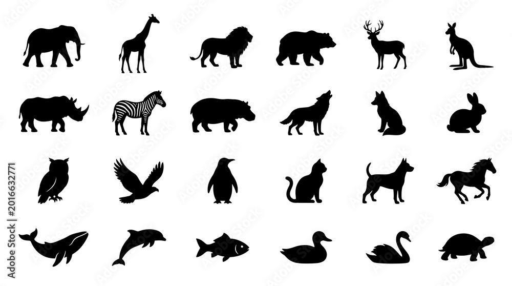 Fototapeta premium Various animal silhouettes are depicted on a clean white background.