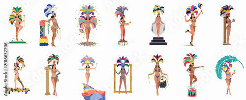 Vector illustration set of hikers and mountain climbers in orange jackets performing various outdoor activities like hiking, climbing, and navigating in the mountains.