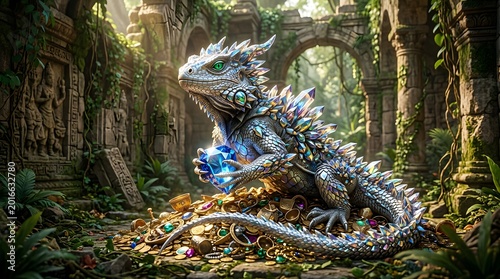 Mythical lizard in ancient ruins.
