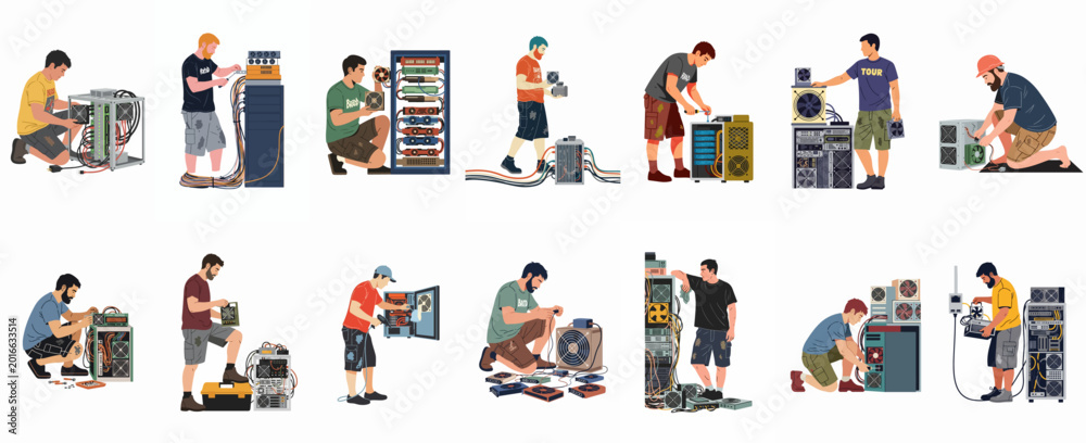 Fototapeta premium Set of flat vector illustrations featuring men repairing and maintaining computer server equipment and cryptocurrency mining rigs on a white background.