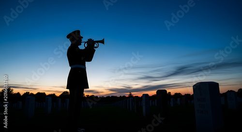 Soldier playing bugle in cemetery at sunset