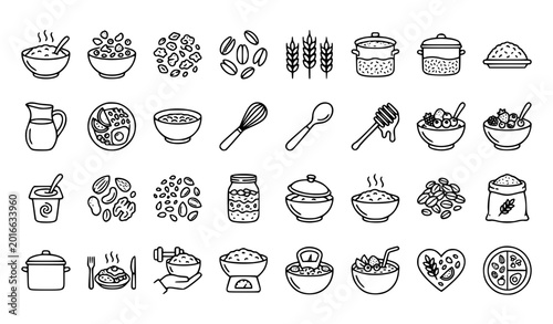Photos Oatmeal doodle 28 icon set with porridge granola wheat and editable stroke vecto
