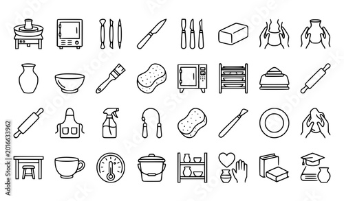 фотографія Pottery workshop line 28 icon set with clay wheel kiln tools and editable stroke