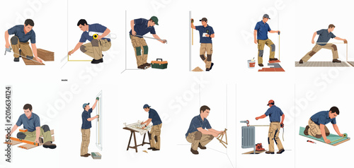 Set of vector illustrations of a construction worker performing various measuring and installation tasks during home renovation, repair work, and professional building projects.