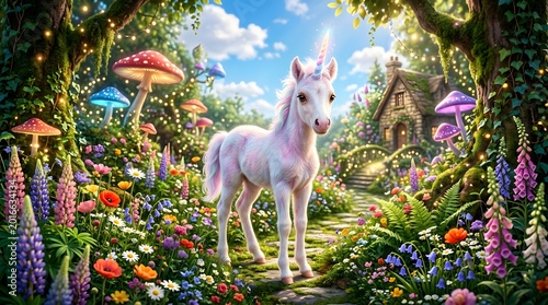 White horse in colorful garden.