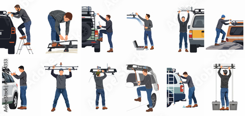 Foto Set of illustrations depicting a man installing and adjusting roof racks, cargo carriers, and equipment on various vehicles for outdoor adventures