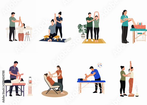 Set of flat illustrations showing physical therapists and massage practitioners assisting patients with stretching, rehabilitation exercises, and bodywork in a clinic setting.