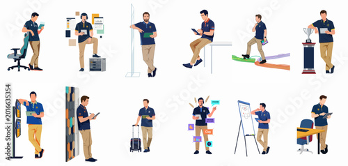 Collection of illustrations featuring a professional sports performance analyst and coach using digital technology in various data-driven work environments.