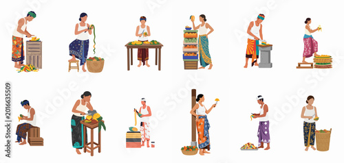 Foto Balinese People in Traditional Sarongs Peeling and Preparing Fresh Mangoes, Flat