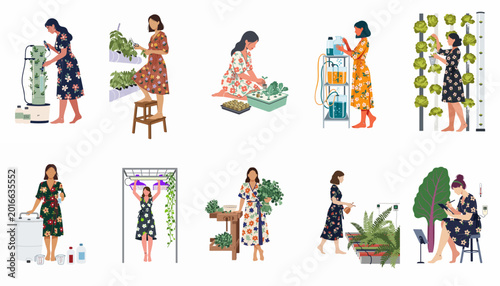 Photos Collection of women engaged in modern indoor hydroponic gardening and urban farming using advanced technology and sustainable methods