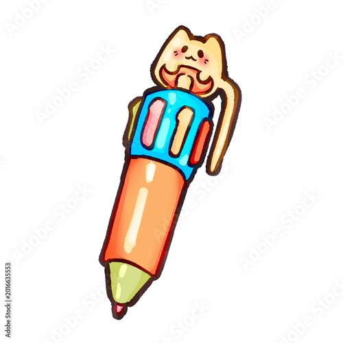 Foto Cute multi-color ballpoint pen mascot with cat topper character