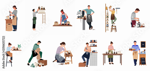 Foto Flat vector illustration set of men and women working in a coffee shop, performing tasks like roasting, weighing, and bagging specialty coffee beans