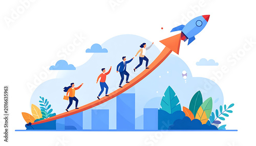 Team climbing up orange arrow graph towards rocket ship in the sky, symbolizing business growth, startup success, and teamwork